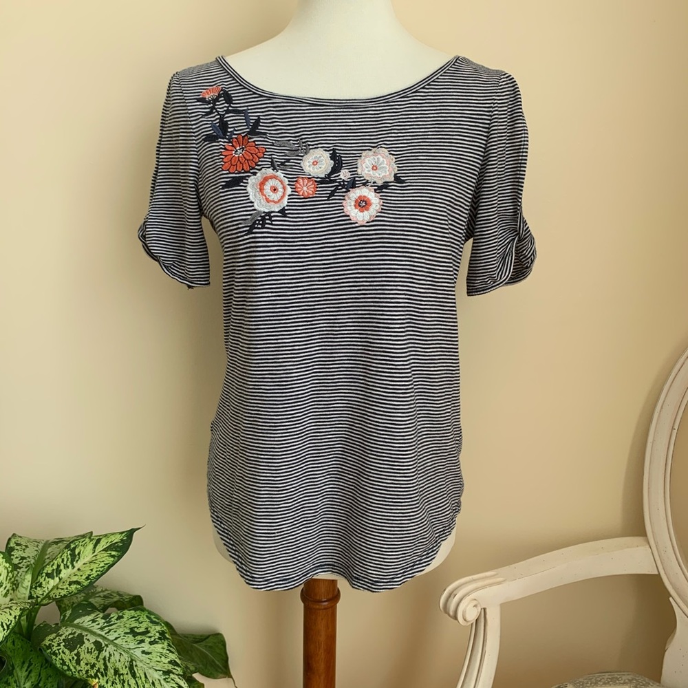 Ann Taylor Loft Floral Striped Cold Shoulder Top